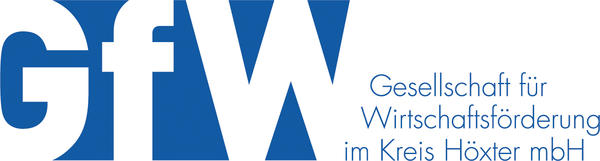In weißer Schrift auf blauem Grund steht neben dem Kürzel G f W der Schriftzug Gesellschaft für Wirtschaftsförderung im Kreis Höxter